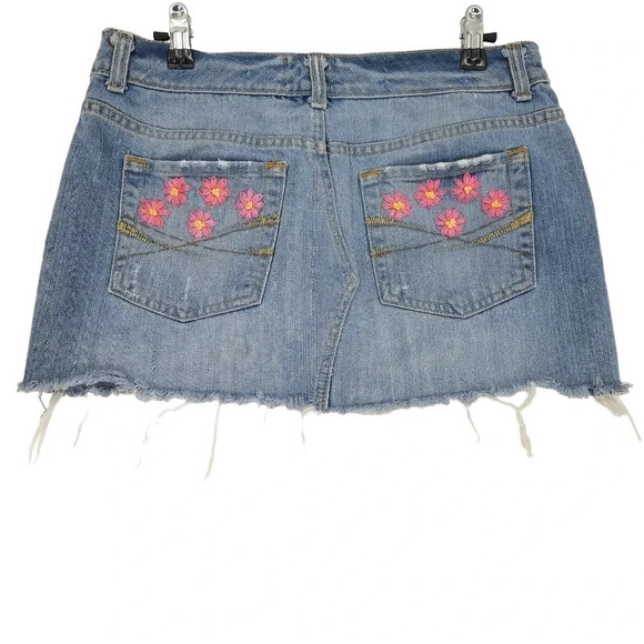 Aeropostale Dresses & Skirts - Aeropostale Mini Denim Skirt Medium Wash Distressed Floral Hand Embroidered
